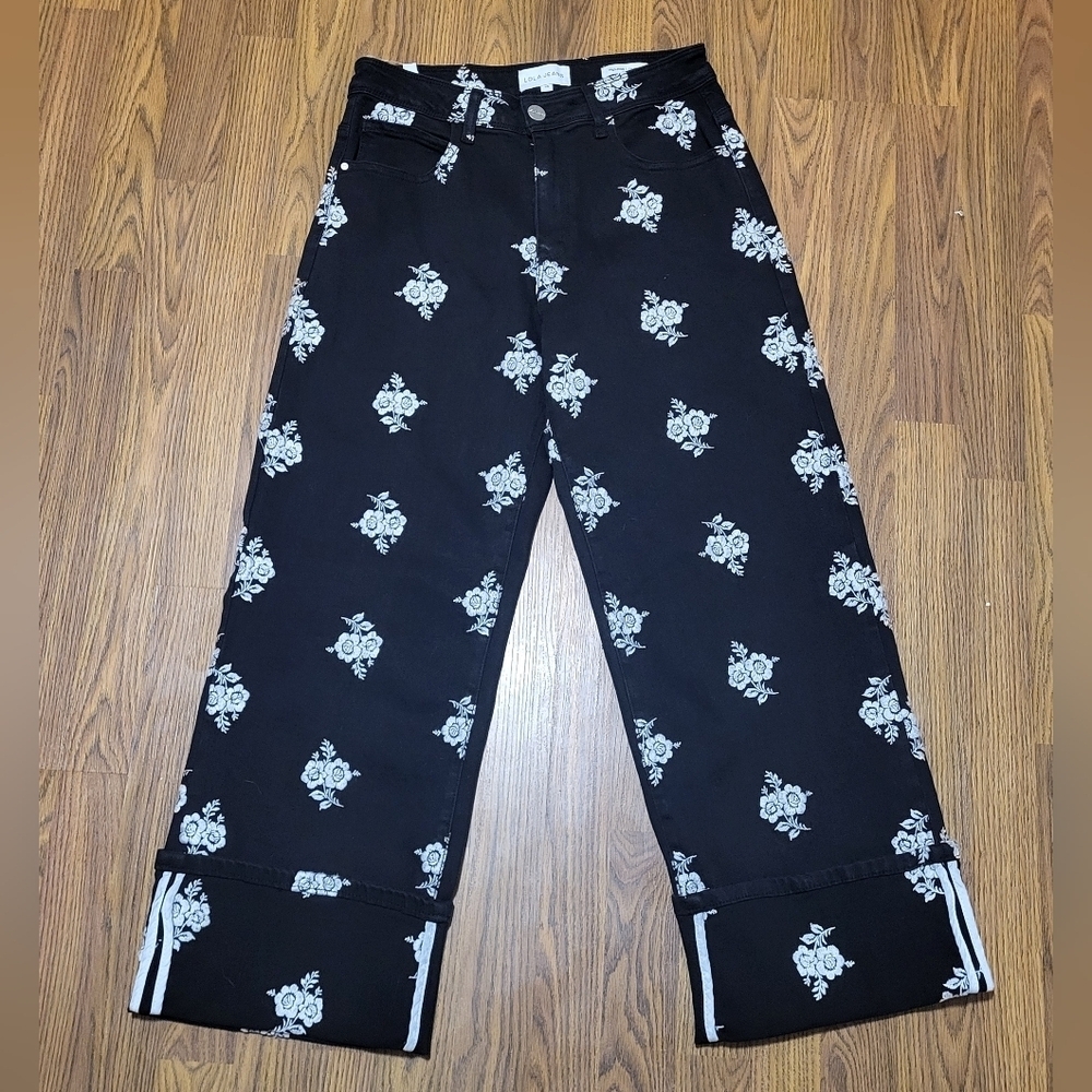NWT Lola Jeans Colette Size 30 Black Floral Embroidered Culottes Flare Wide Leg